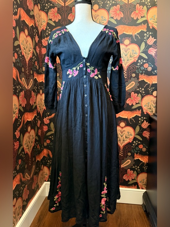 Free People Dresses & Skirts - Free People Day Glow Embroidered Floral Black Midi Festival Dress Boho XS